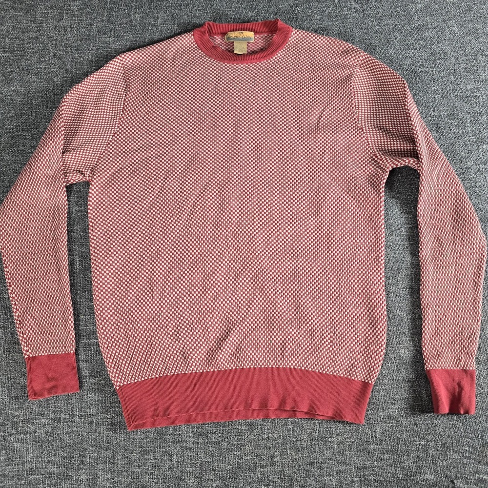 Bobby Chan Mens Silk Cotton Blend Crewneck Sweater Red White Micro Check Large